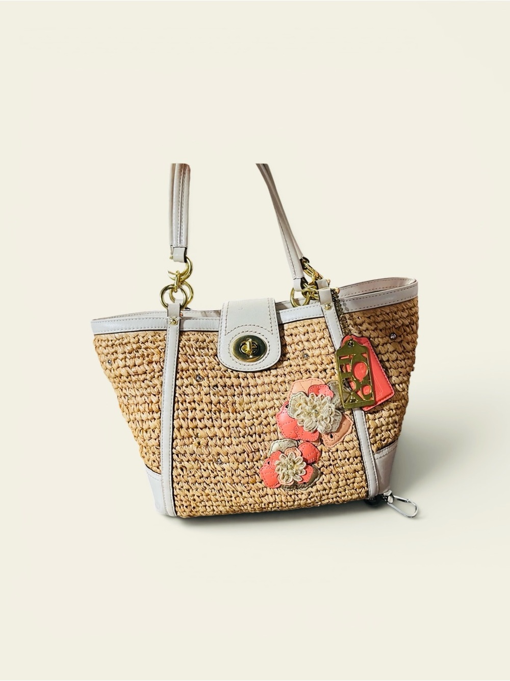 Coach Woven Straw Tote with Coral Floral Accents and White Trim - Picture 1 of 1
